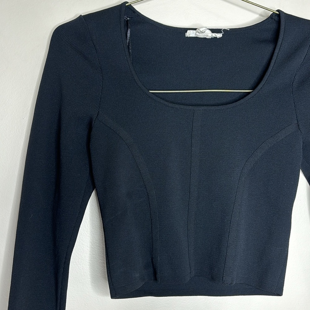 Happily Grey | Black Long Sleeve Crop Top | Cropped Blouse | Fitted Size Large